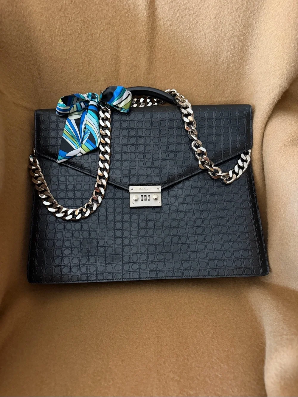 Salvatore Ferragamo Black Leather Business Bag, w/Double Handles & X-body Chain